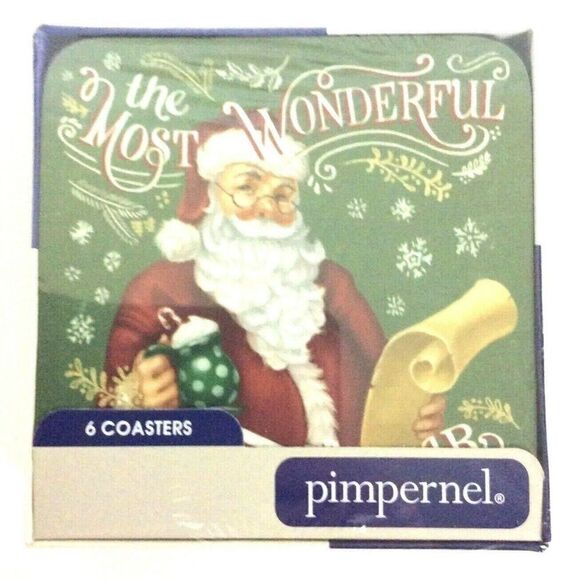 Pimpernel Santa Claus Coasters Set Of 6 Green Square Cork Back Holiday Christmas - Picture 2 of 3
